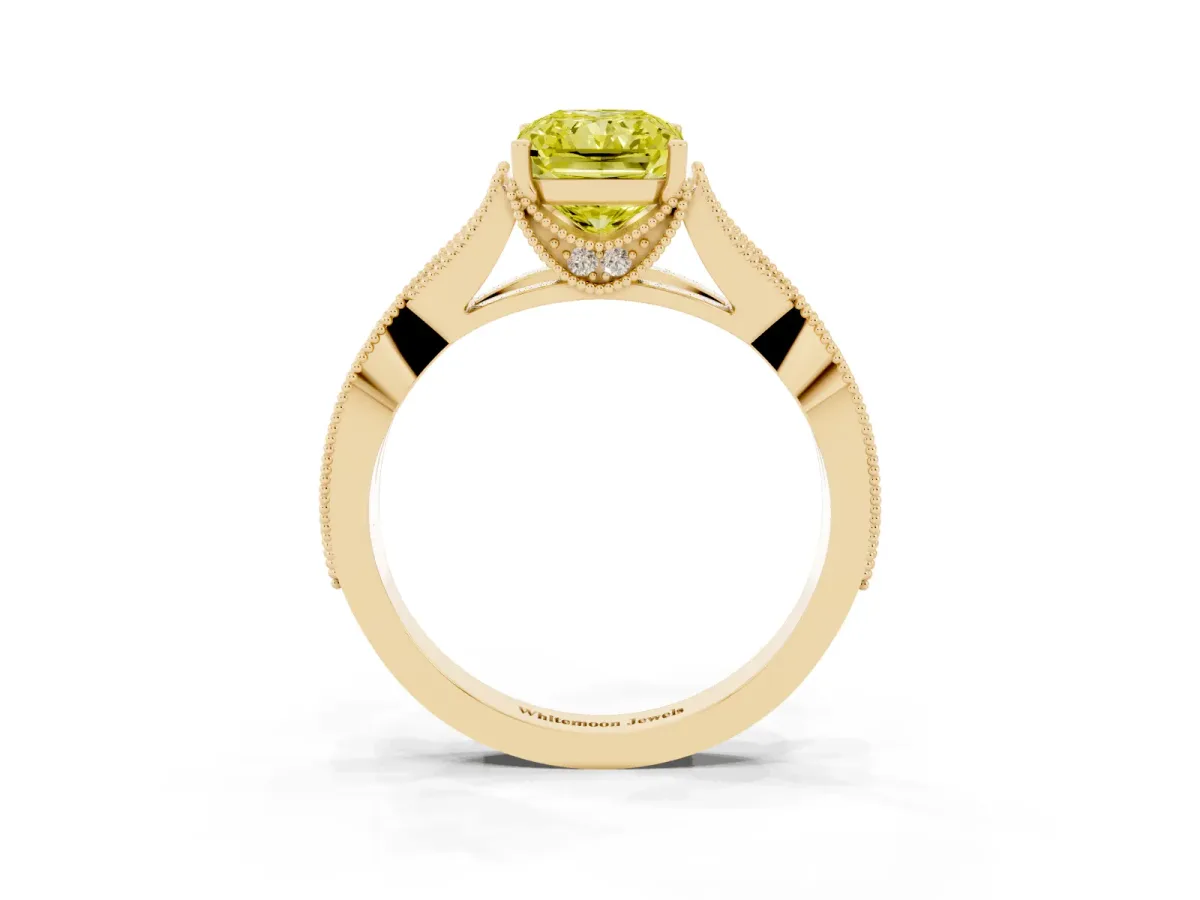 Fancy Yellow Radiant Cut Cut Diamond Twisted Band with Milgrain Pave Setting and Four-Prong Setting Yellow gold