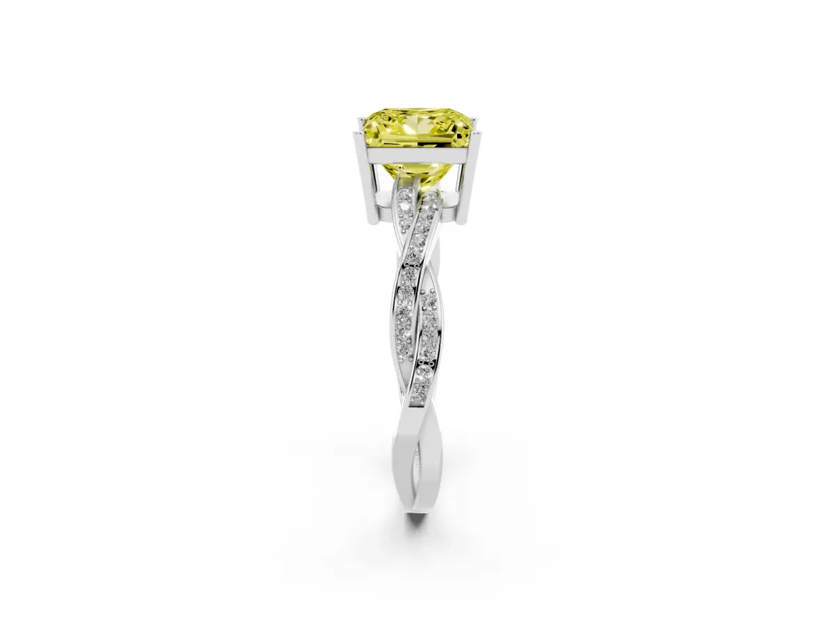 Fancy Yellow Princess Cut Solitaire Twisted Pave Diamond Ring with Four-Prong Setting Silver
