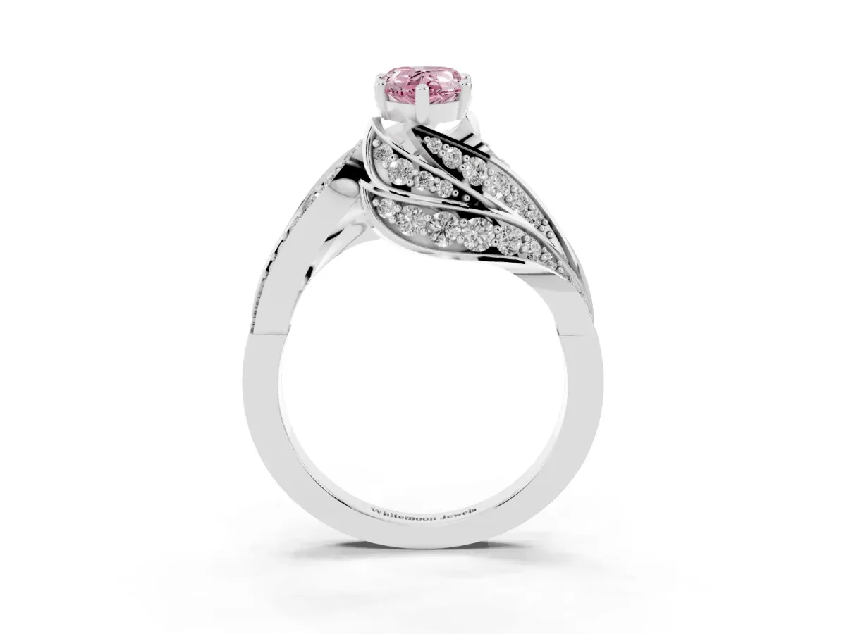 Fancy Pink Pear Cut Diamond Solitaire Ring with Prong Setting and Twisted Pavé Band Silver