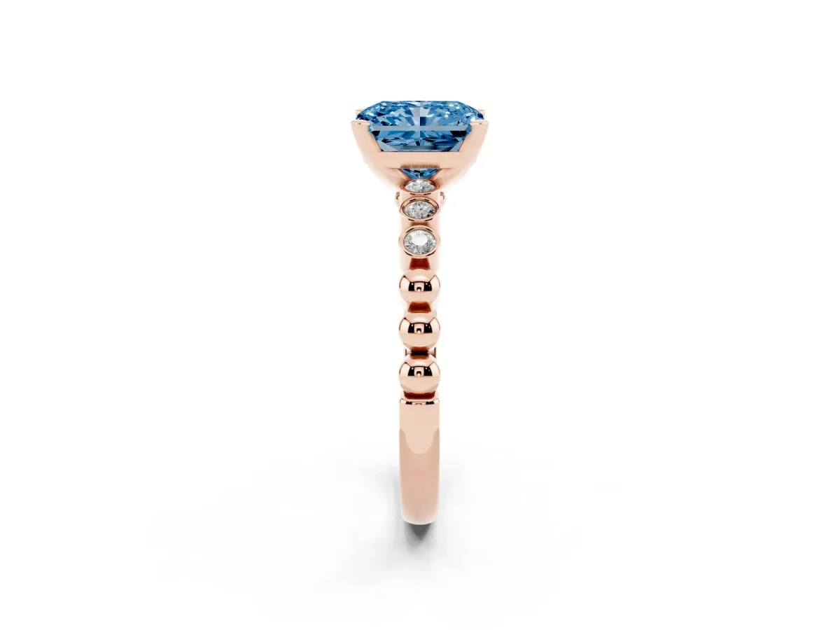 Fancy Blue Radiant Cut Solitaire Bezel Accent Diamond Engagement Ring with Beaded Band and Four-Prong Setting Rose gold