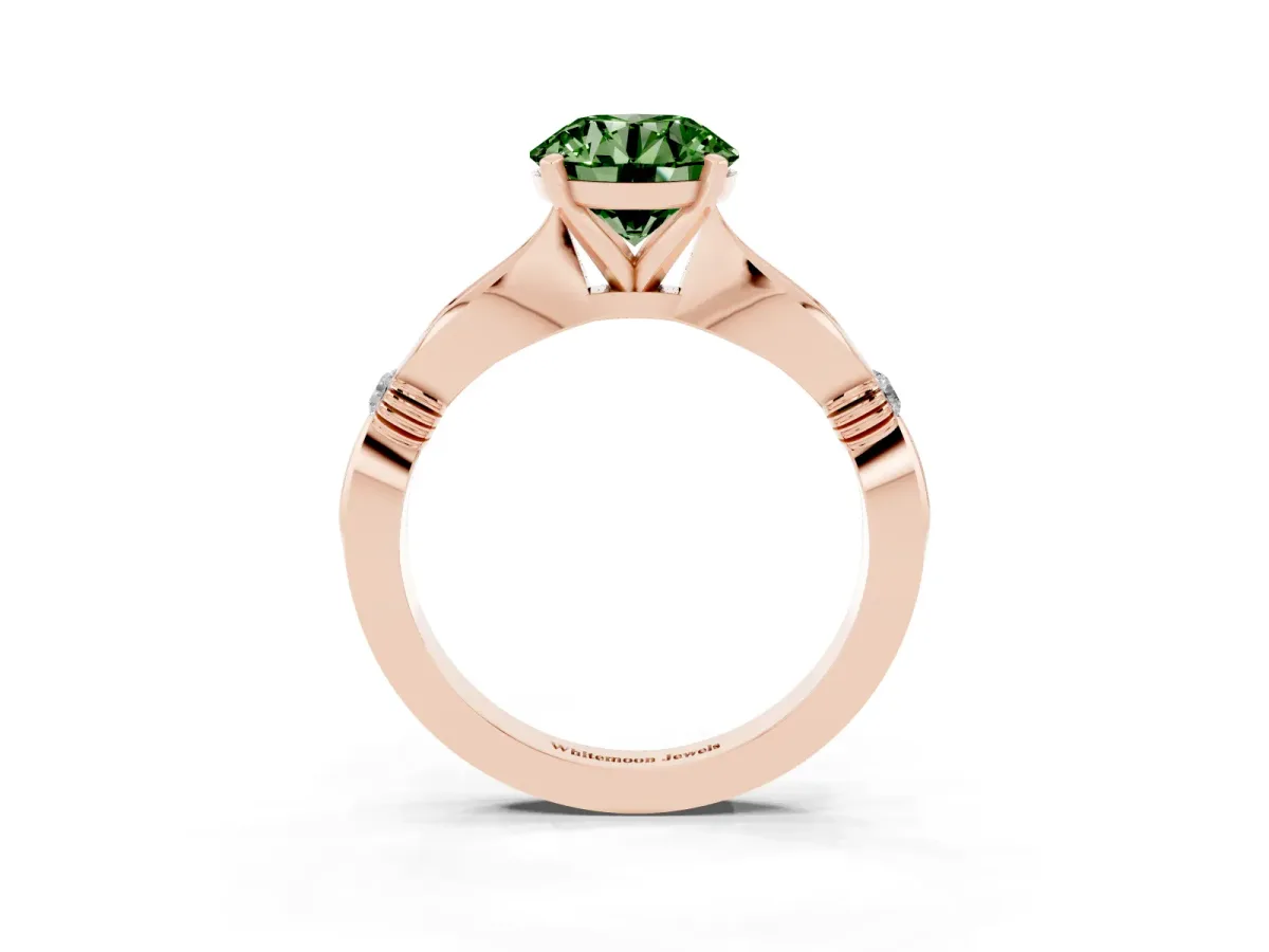 Fancy Green Round Cut Solitaire Diamond Twisted Band with Four-Prong Setting Rose gold