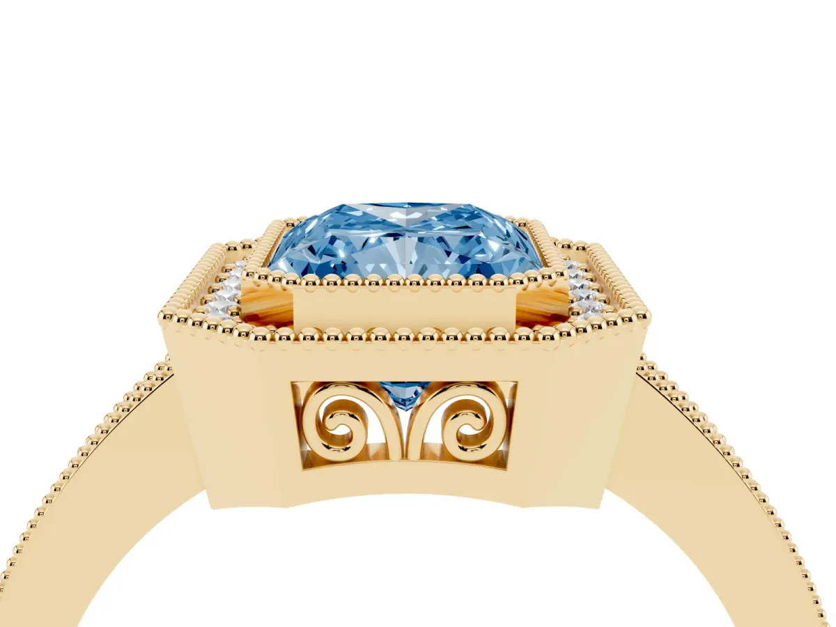 Fancy Blue Radiant Cut Cut Halo Diamond Ring with Pavé Band and Milgrain Prong Setting Yellow gold