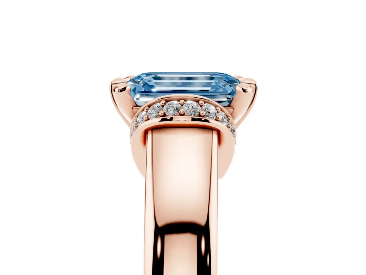 Fancy Blue Emerald Cut Solitaire Diamond Ring with Pave Band and Six-Prong Setting Rose gold