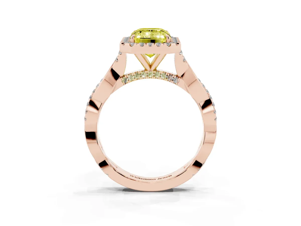 Fancy Yellow Emerald Cut Halo Twist Band Solitaire Ring Rose gold