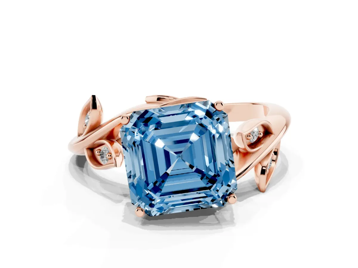 Fancy Blue Asscher Cut Solitaire Twist Engagement Ring with Leaf Accents and Prong Setting Rose gold