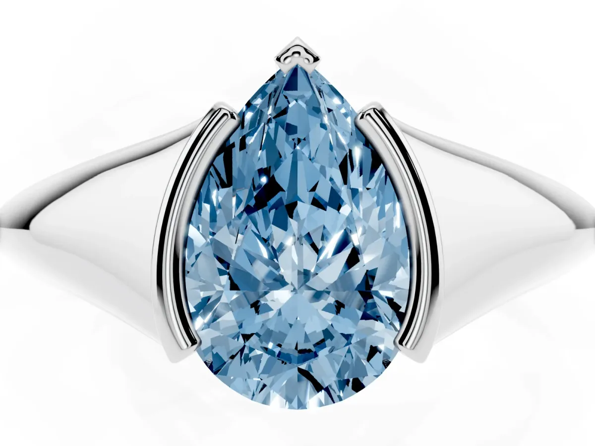 Fancy Blue Pear Cut Solitaire Tension Set Diamond Ring Silver