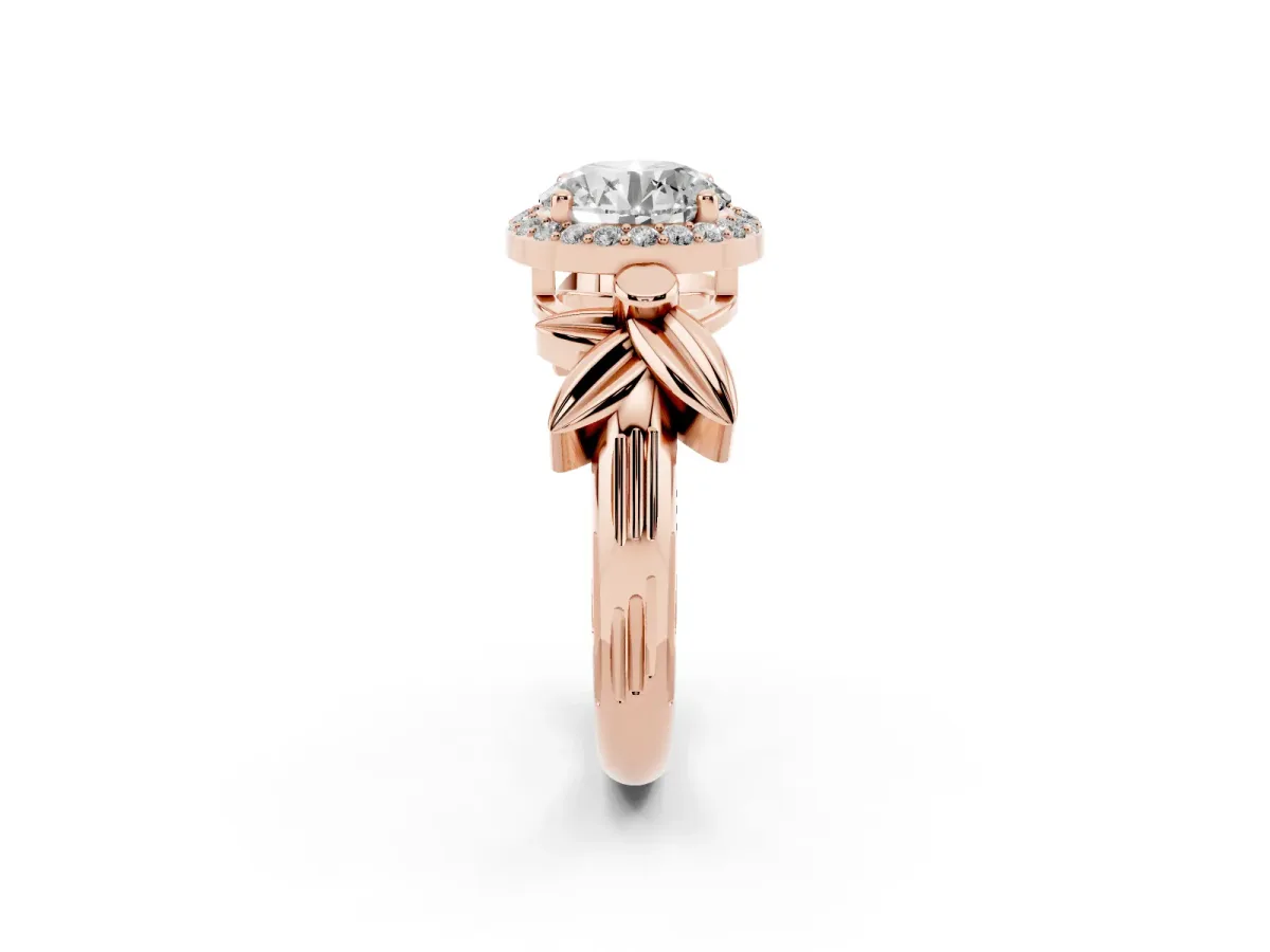 Round Cut Halo Diamond Floral Band with Four-Prong Setting Rose gold