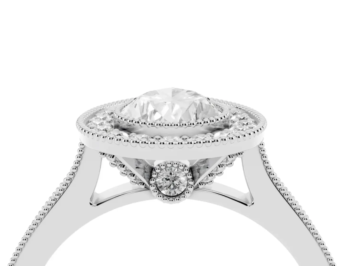Halo Pear Cut-Cut Diamond Pave Band Milgrain Prong Setting Ring Silver