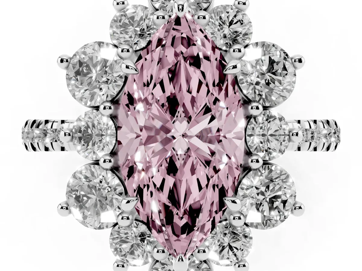 Fancy Pink Marquise Cut Diamond Floral Halo Ring with Round Pavé Band and Prong Setting White gold