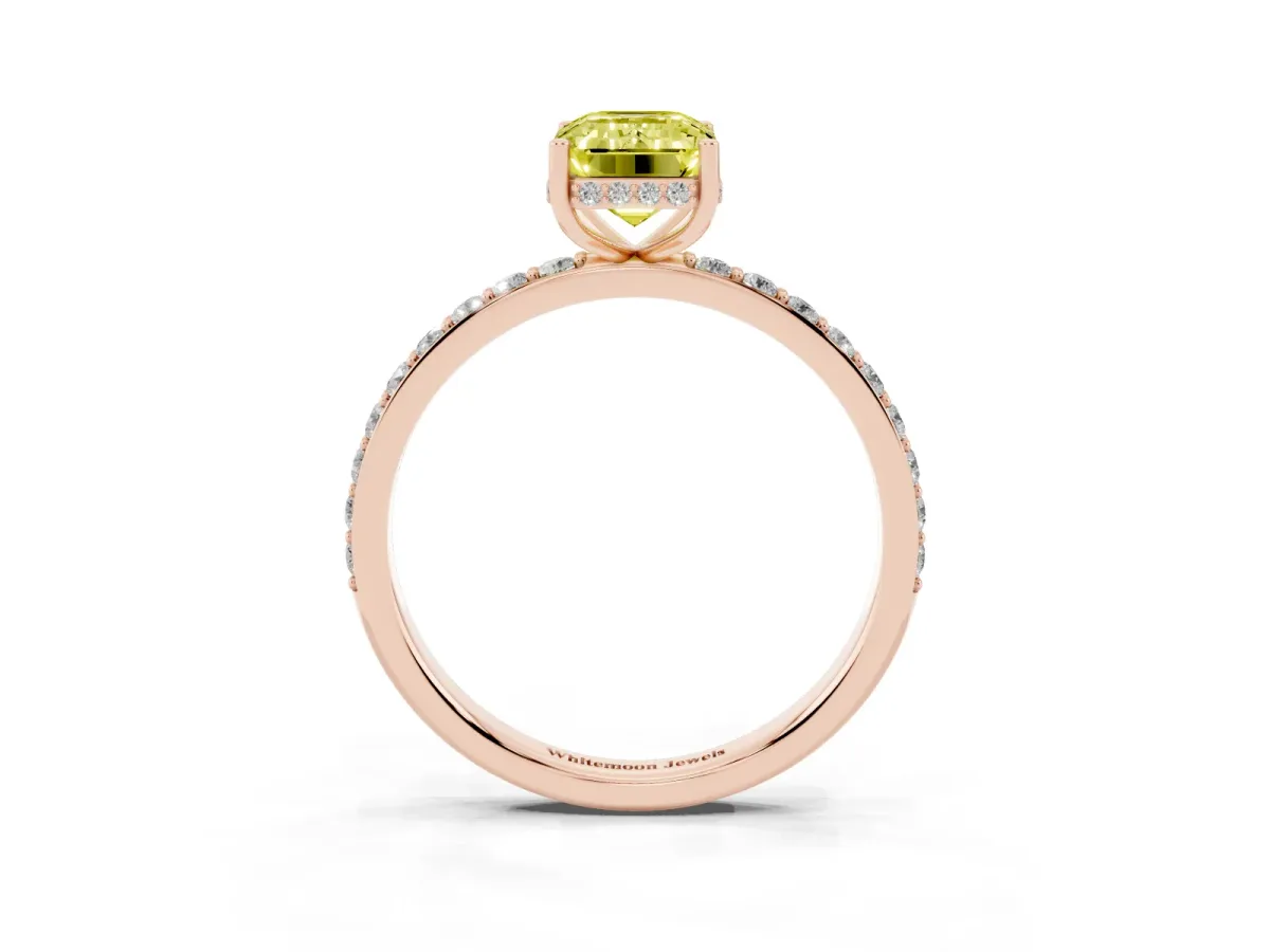 Fancy Yellow Emerald Cut Diamond Solitaire Ring with Pavé Band and Hidden Halo Rose gold