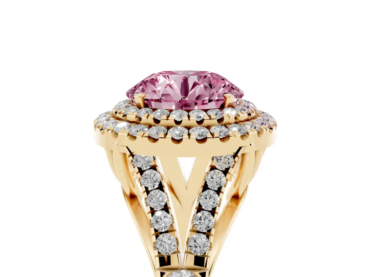 Fancy Pink Round Cut Cut Double Halo Split Shank Diamond Ring with Prong Setting Yellow gold