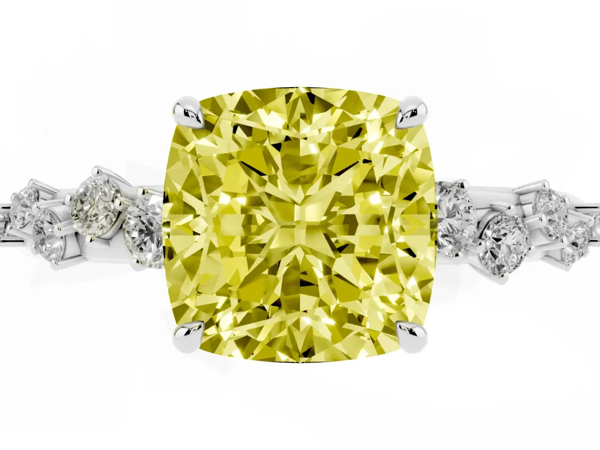 Fancy Yellow Cushion Cut Diamond Cluster Prong-Set Solitaire Ring Silver