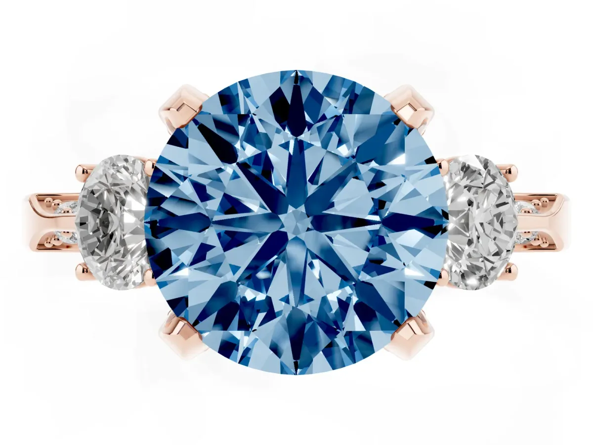 Fancy Blue Round Cut Brilliant Three-Stone Diamond Ring with Pavé Band and Four-Prong Setting Rose gold
