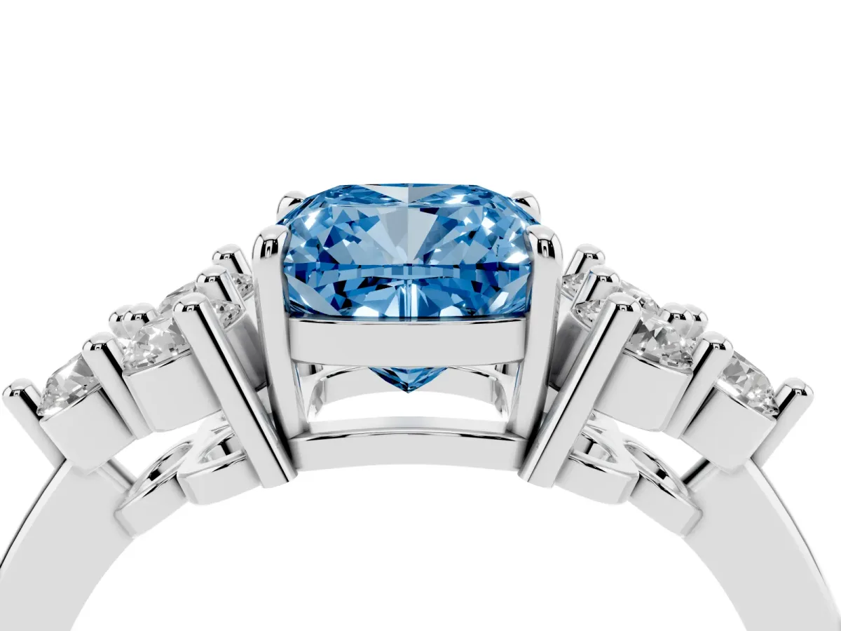 Fancy Blue Cushion Cut Brilliant Diamond Cluster Accent Solitaire Ring with Prong Setting Platinum
