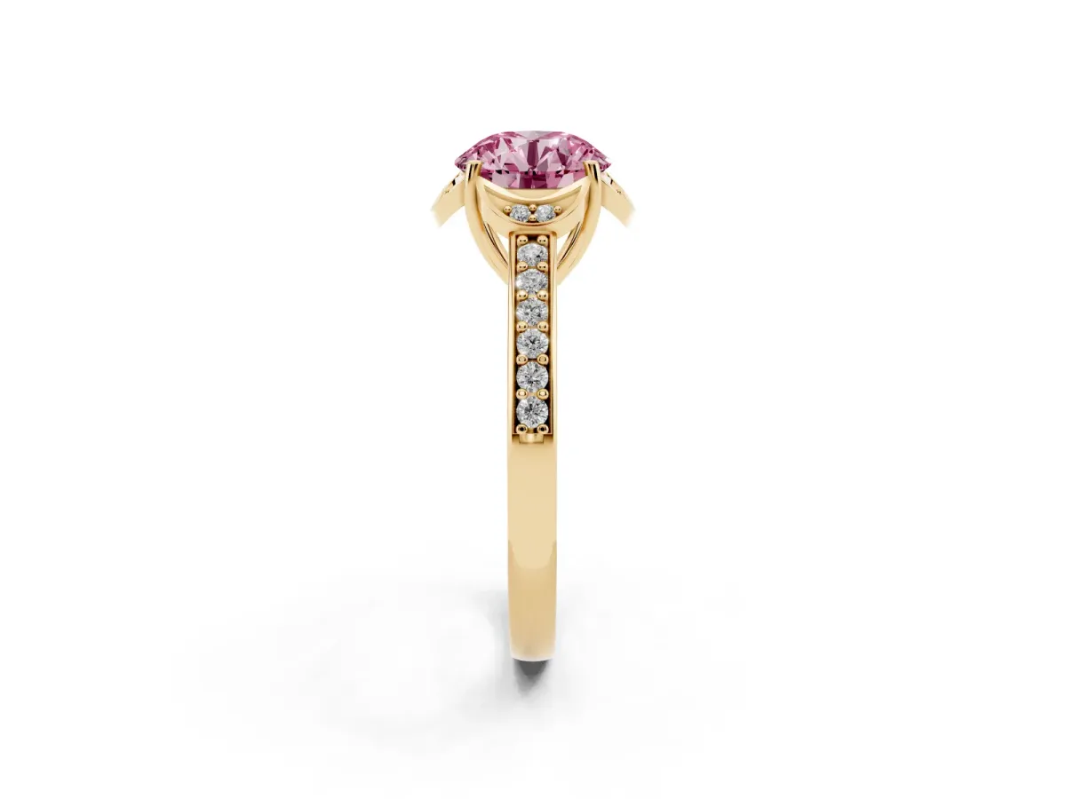 Fancy Pink Round Cut Cut Halo Diamond Ring with Channel Set Band and Four-Prong Setting Yellow gold
