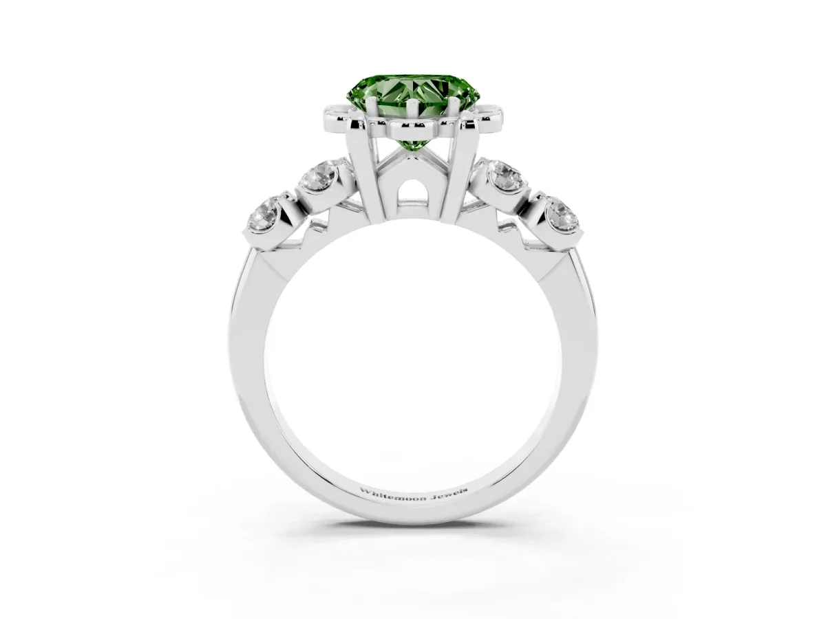 Fancy Green Heart Cut Cut Diamond Floral Halo Engagement Ring with Shared Prong Setting Platinum