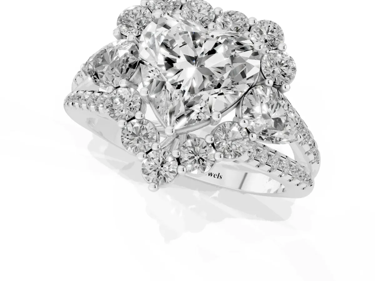 Heart Cut Halo Split Shank Diamond Engagement Ring with Prong Setting Silver