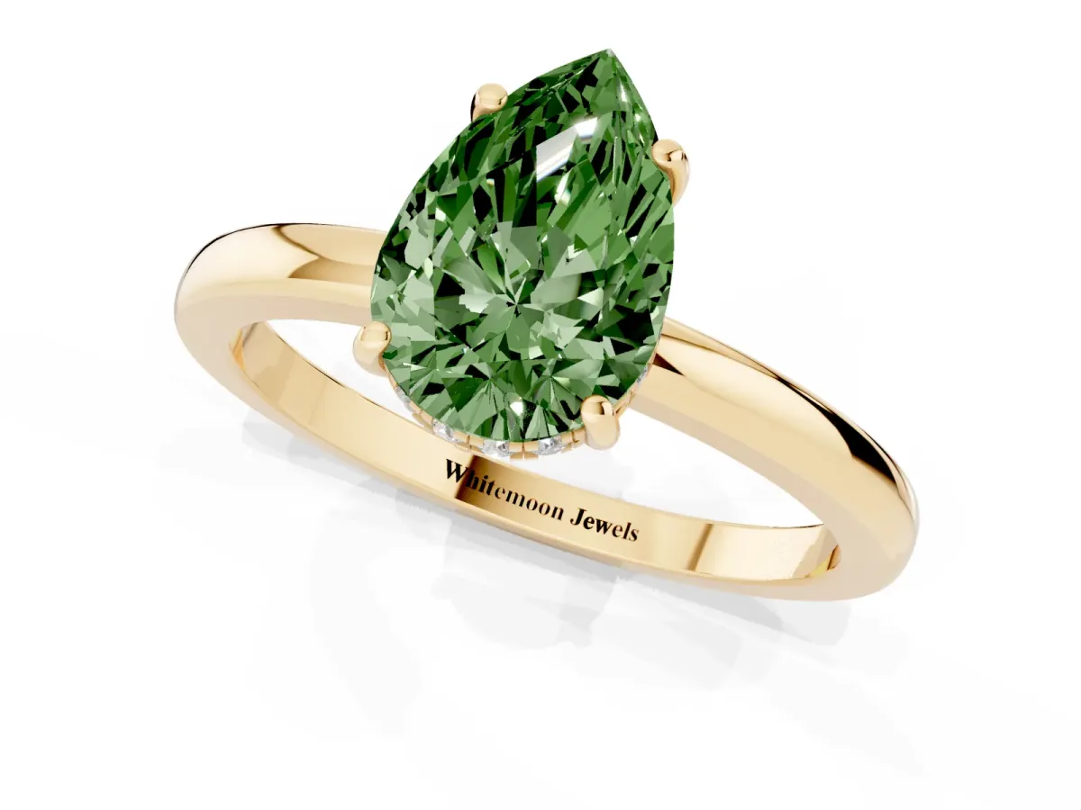 Fancy Green Pear Cut Solitaire Diamond Ring with Prong Setting and Plain Band Yellow gold