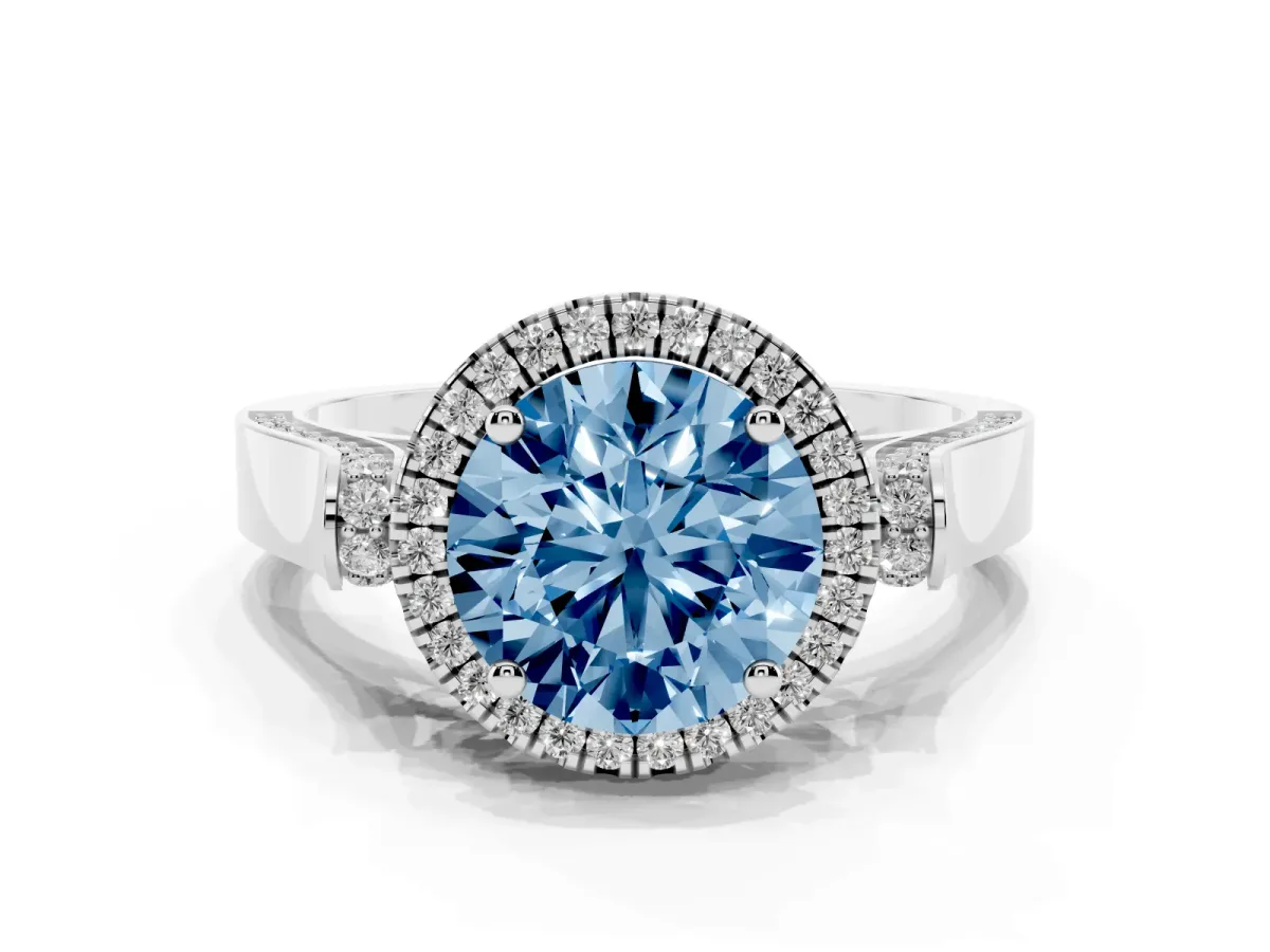 Fancy Blue Round Cut Halo Round Diamond Twist Band with Four-Prong Setting Platinum