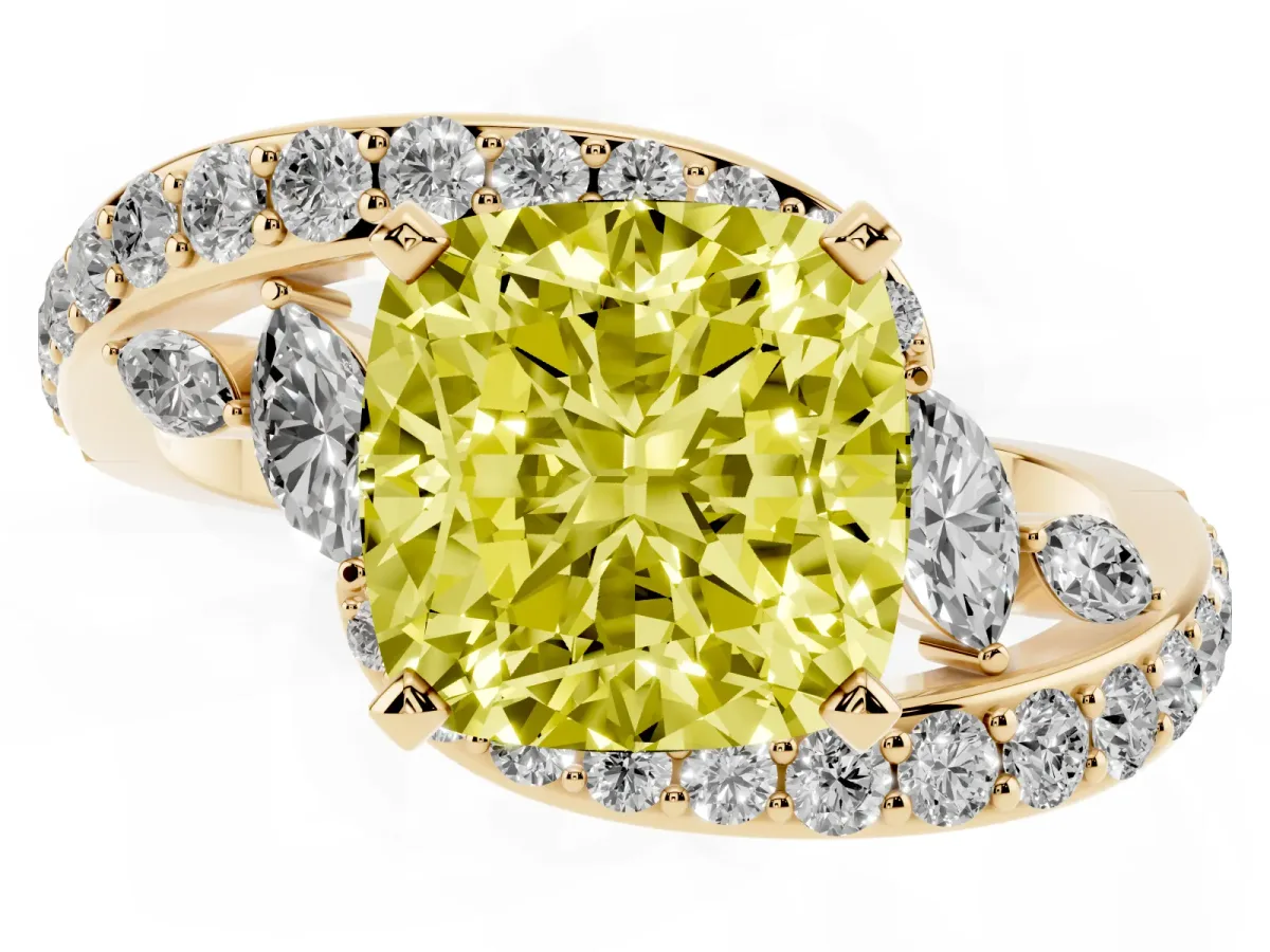 Fancy Yellow Cushion Cut Diamond Solitaire Ring with Filigree Band and Four-Prong Setting Yellow gold