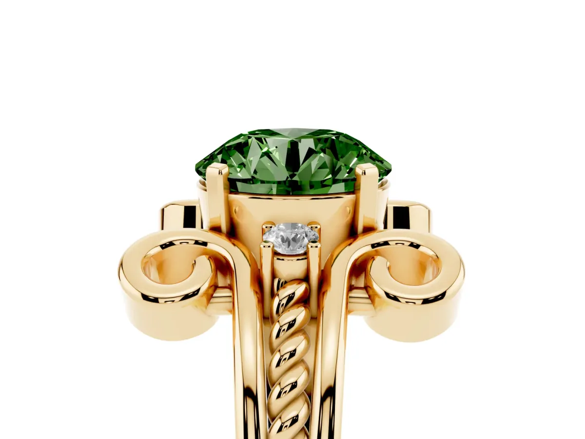 Fancy Green Round Cut Solitaire Twisted Band Scroll Prong Ring Yellow gold