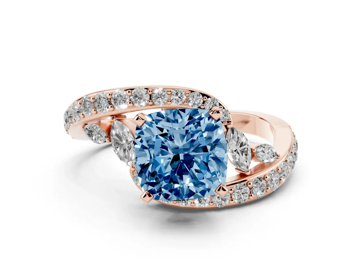 Fancy Blue Cushion Cut Solitaire with Pavé Twist Band and Four-Prong Setting Rose gold