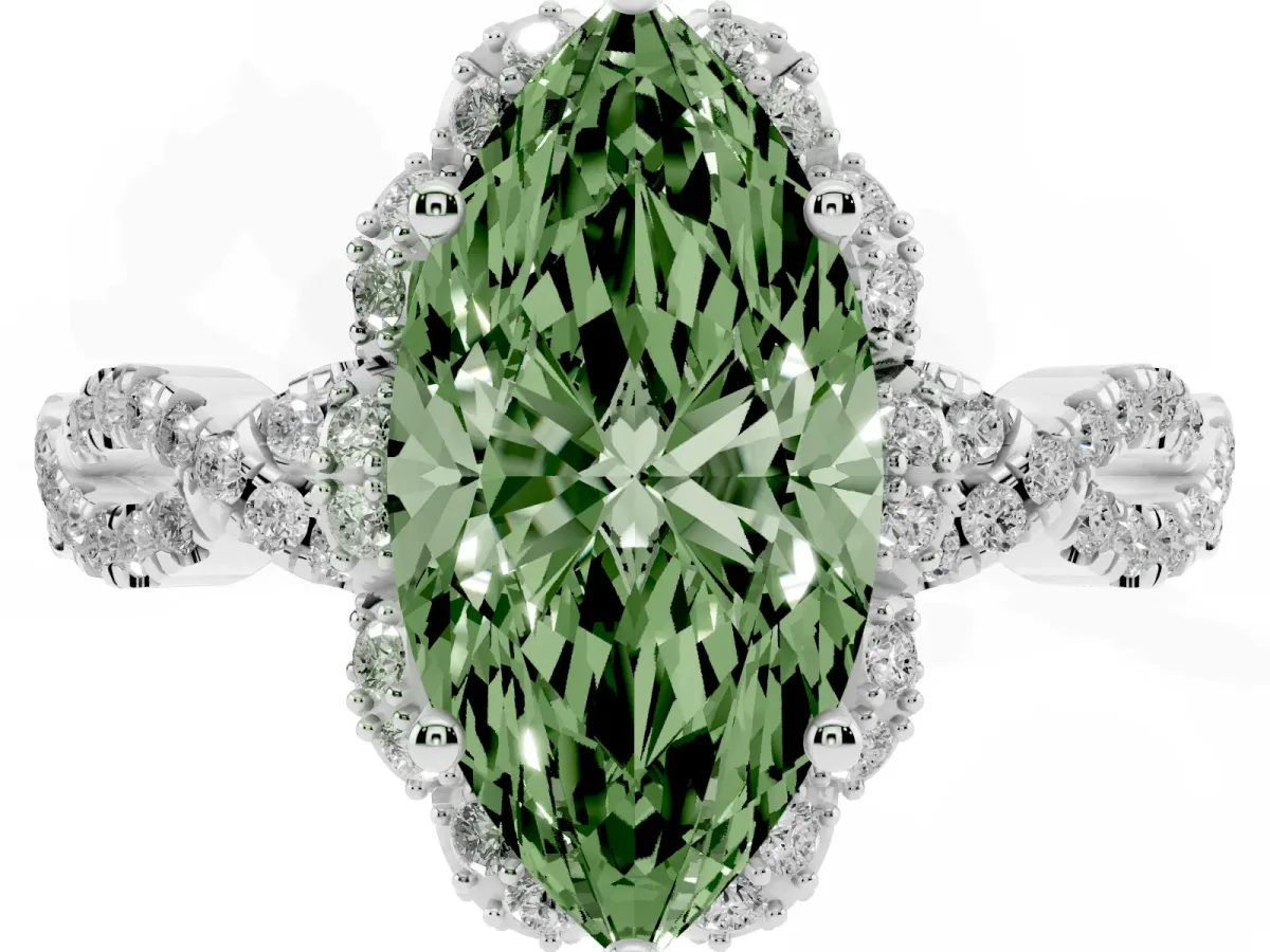 Fancy Green Marquise Cut Halo Twist Band Solitaire Ring with Six-Prong Setting Platinum