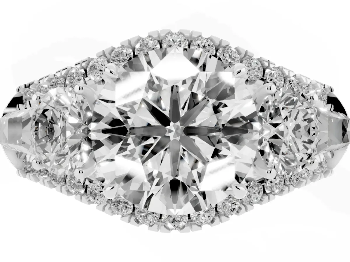 Three-Stone Round Cut Diamond Engagement Ring with Pave Band and Prong Setting Platinum