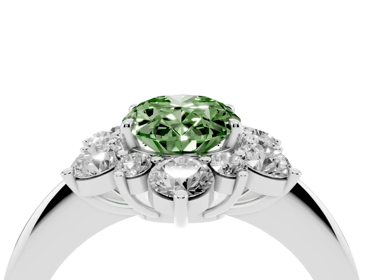 Fancy Green Oval Cut Diamond Cluster Halo Ring with Solitaire Band and Four-Prong Setting Silver