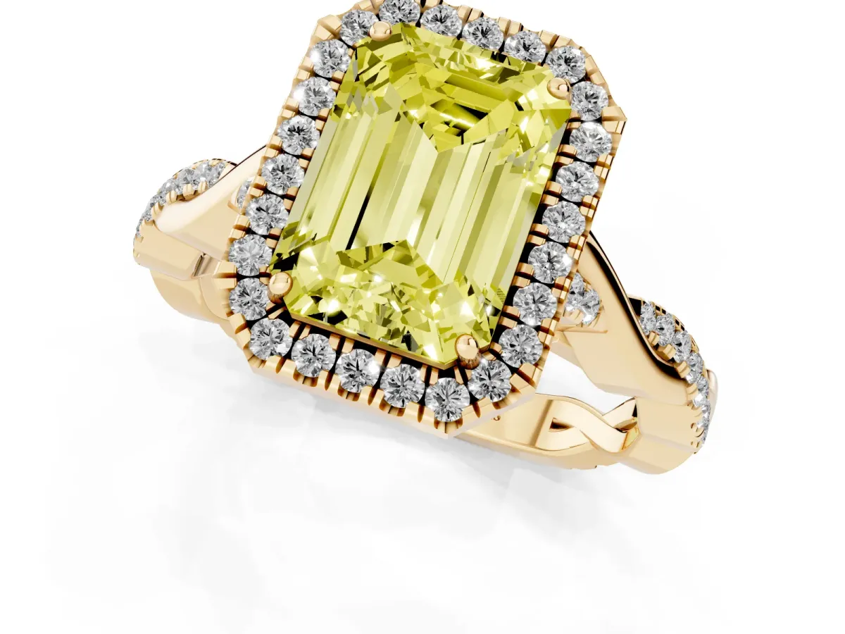 Fancy Yellow Emerald Cut Halo Twist Band Solitaire Ring Yellow gold