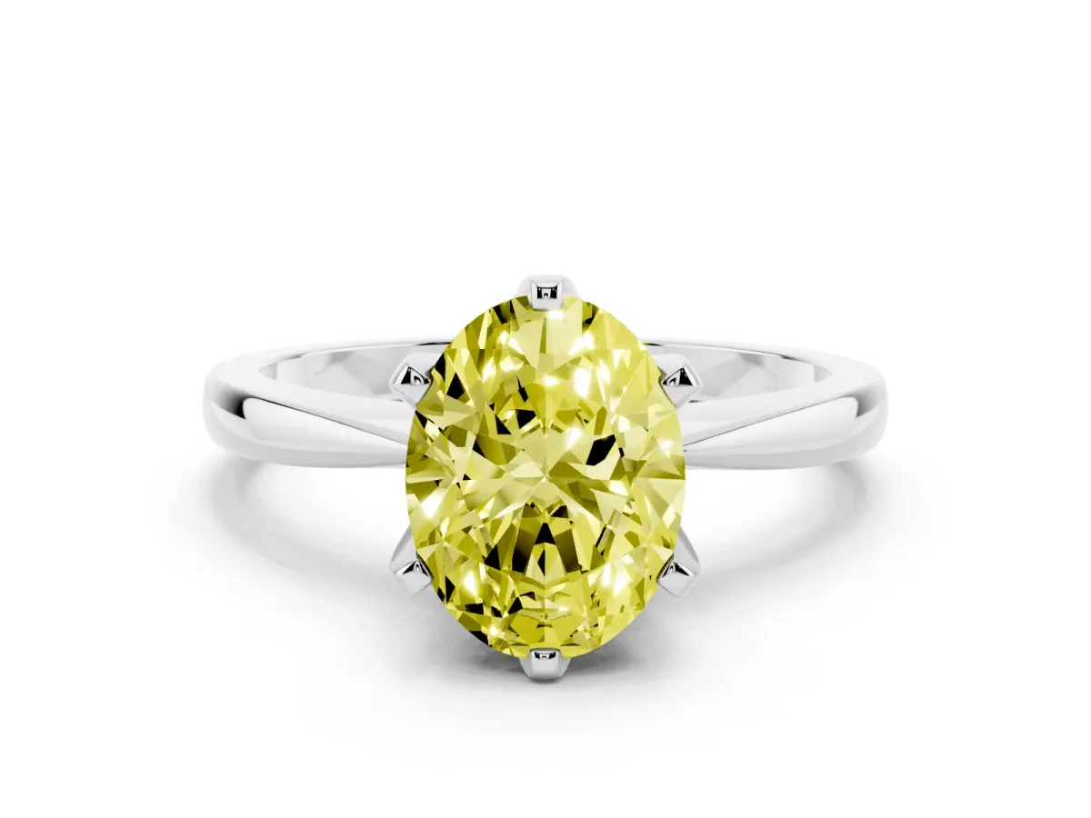 Fancy Yellow Oval Cut Solitaire Engagement Ring with Six-Prong Setting and Tapered Band Silver