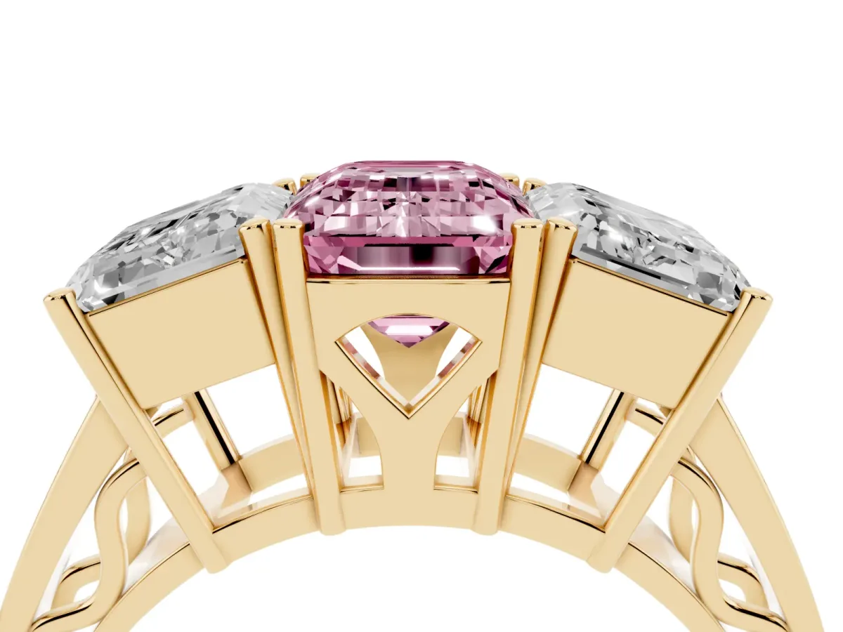 Fancy Pink Emerald Cut Diamond Three-Stone Ring with Prong Setting and Textured Band Yellow gold