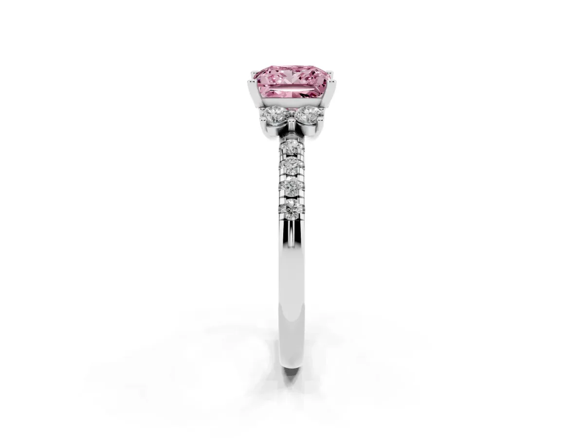 Fancy Pink Princess Cut Diamond Three-Stone Pave Band with Four-Prong Setting Silver