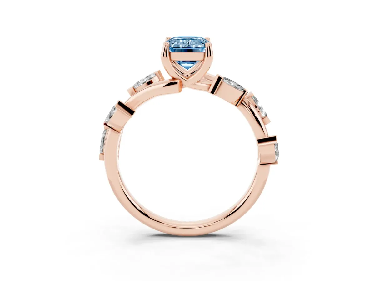 Fancy Blue Emerald Cut Solitaire Twisted Band Marquise Accent Prong Setting Ring Rose gold