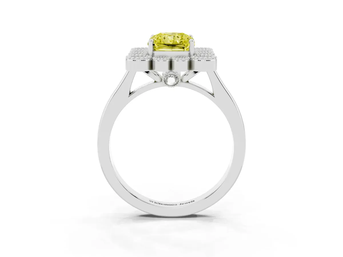 Fancy Yellow Radiant Cut Halo Diamond Cluster Engagement Ring with Milgrain Bezel Setting and Solitaire Band Silver