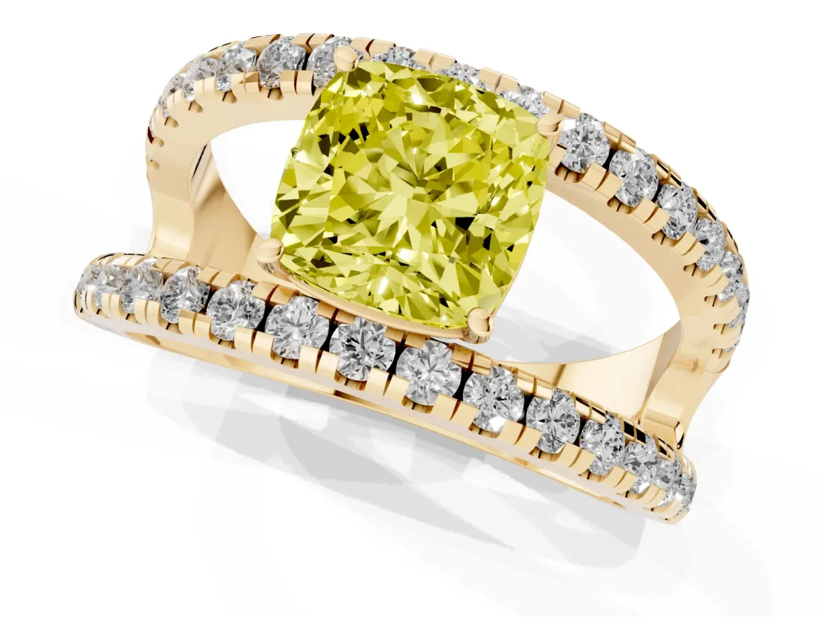 Fancy Yellow Cushion Cut Solitaire Split Shank Pave Diamond Ring Yellow gold