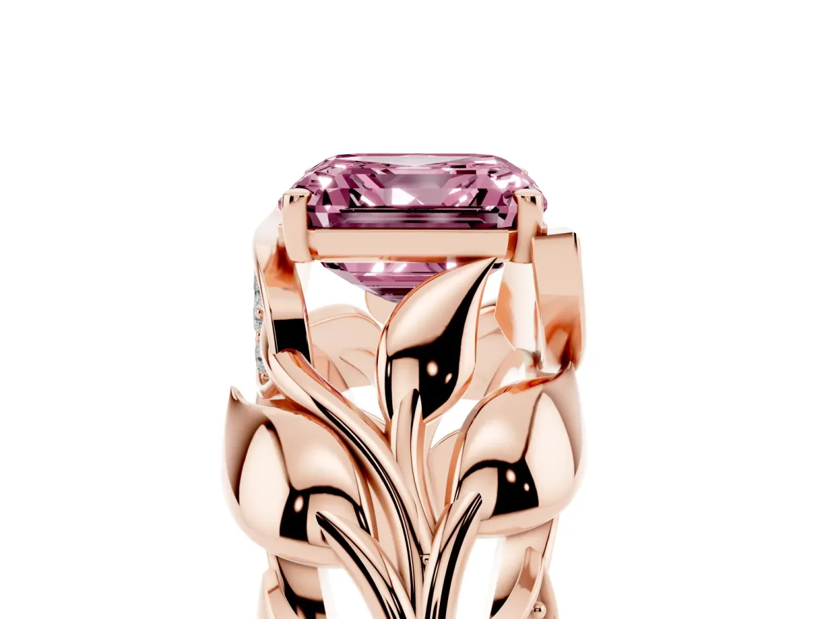Fancy Pink Asscher Cut Diamond Leaf-Inspired Engagement Ring with Round Accents and Prong Setting Rose gold