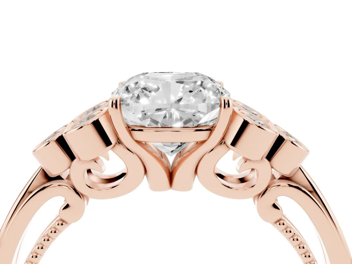 Cushion Cut Cut Diamond Engagement Ring with Bezel Set Round Side Stones and Prong Setting Rose gold