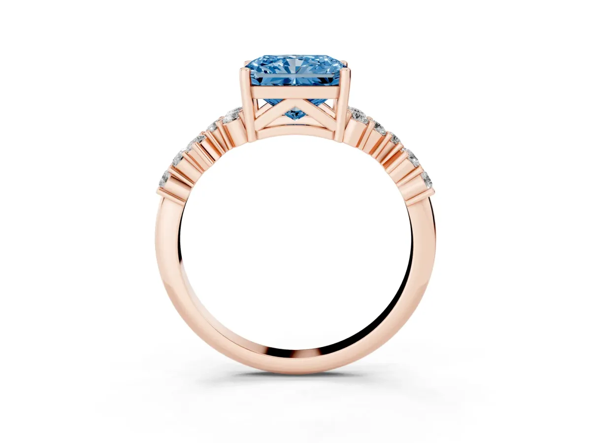 Fancy Blue Radiant Cut Diamond Scattered Round Accent Ring with Prong Setting Rose gold