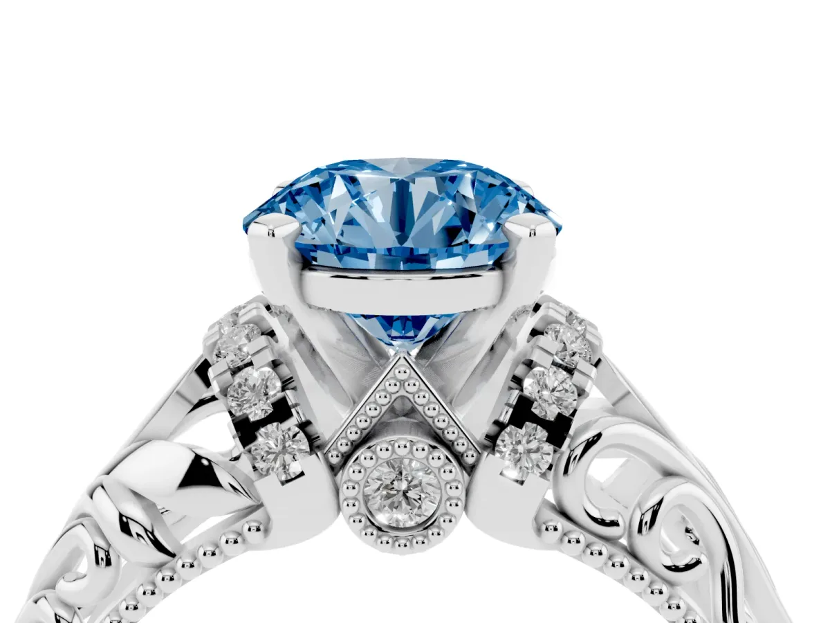 Fancy Blue Round Cut Solitaire Filigree Engagement Ring with Halo and Prong Setting White gold