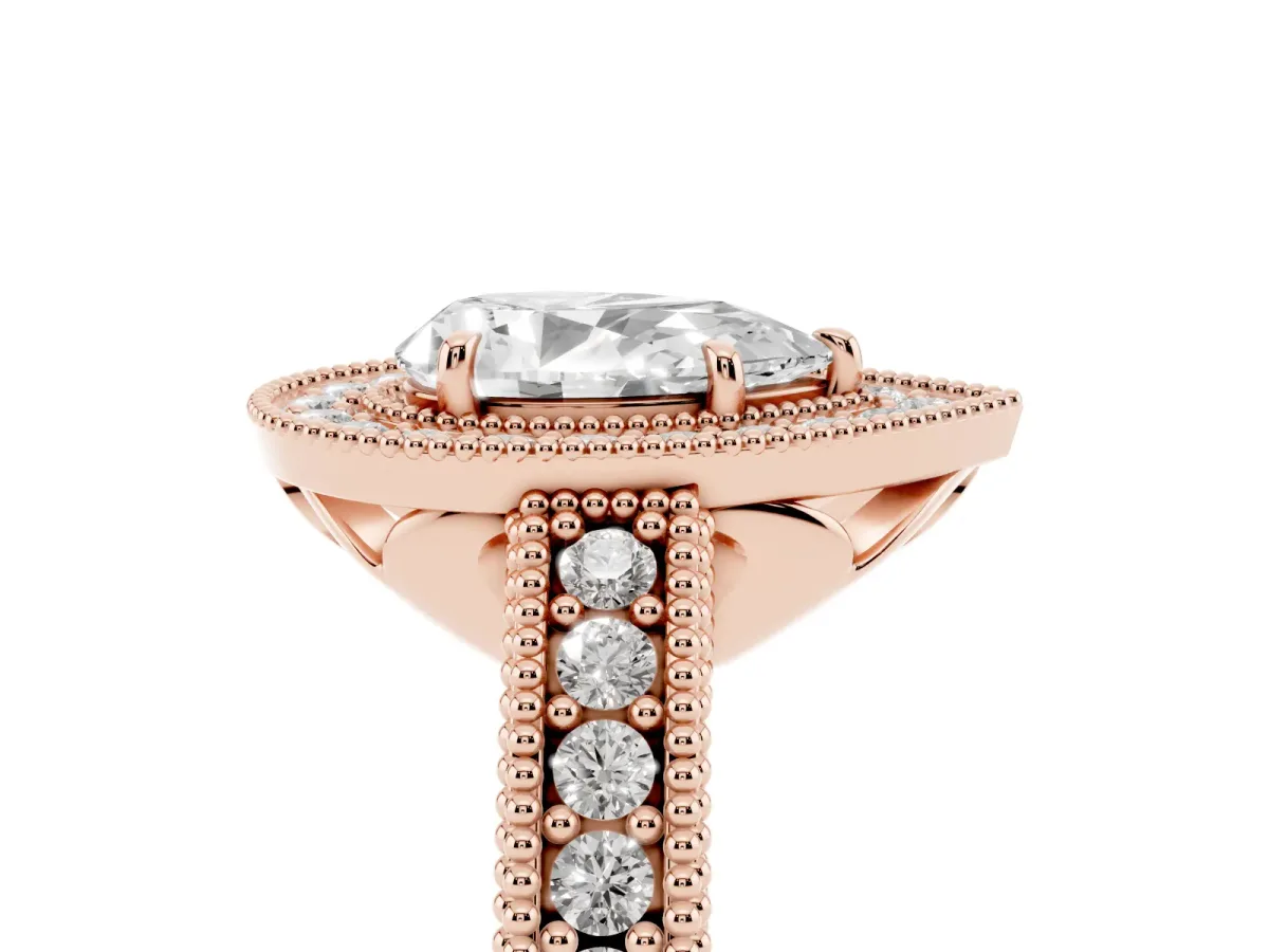 Pear Cut Cut Halo Diamond Ring with Pavé Band and Four-Prong Setting Rose gold