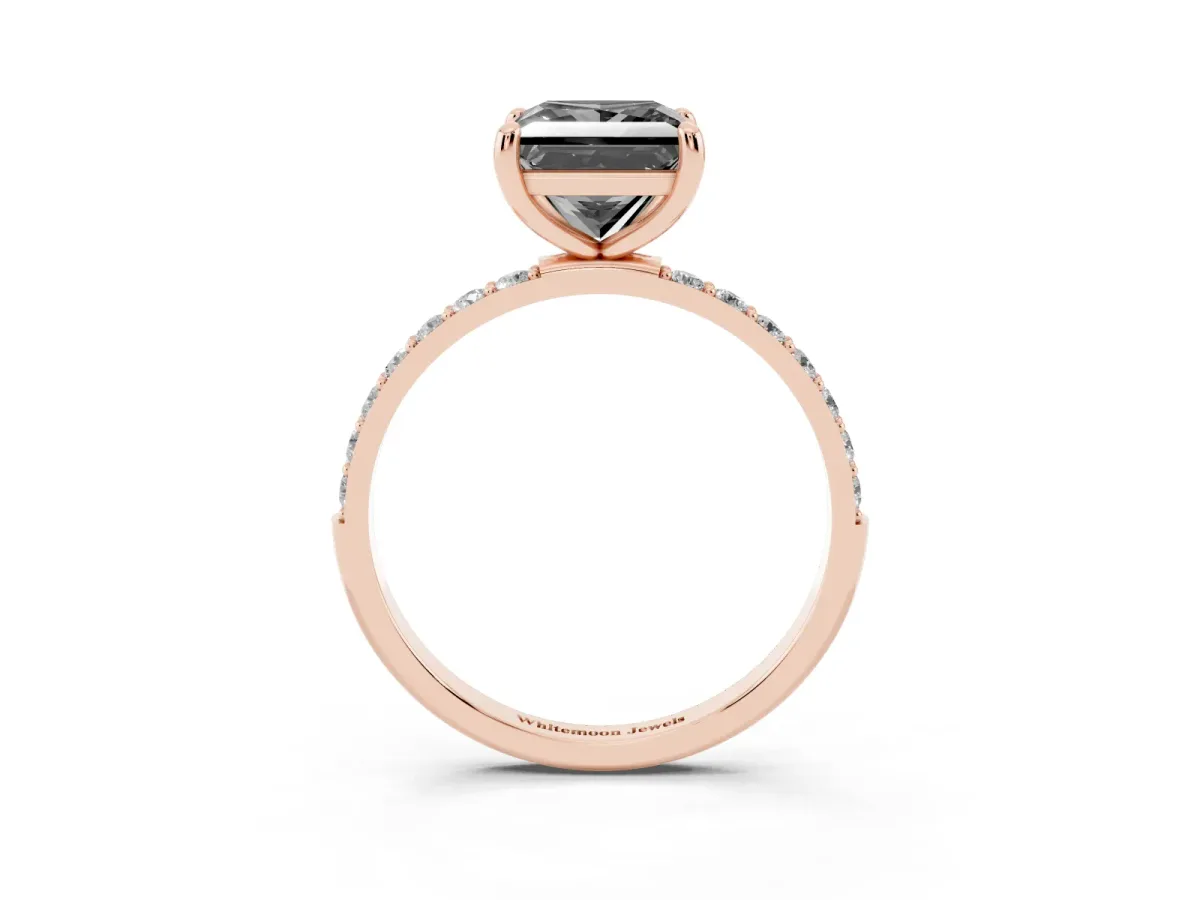 Fancy Black Princess Cut Diamond Solitaire Ring with Round Pavé Band and Prong Setting Rose gold
