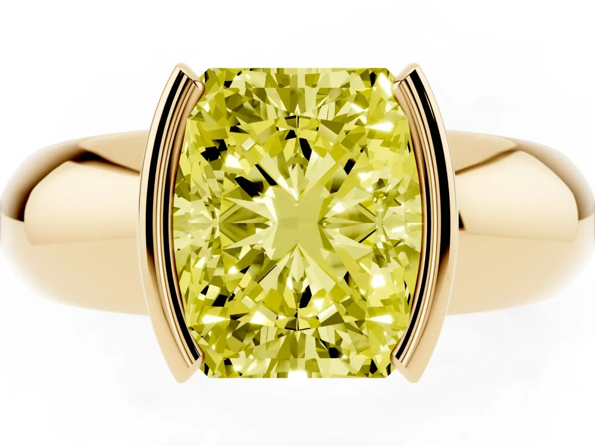 Fancy Yellow Radiant Cut Solitaire Tension Set Diamond Ring with Wide Band Yellow gold