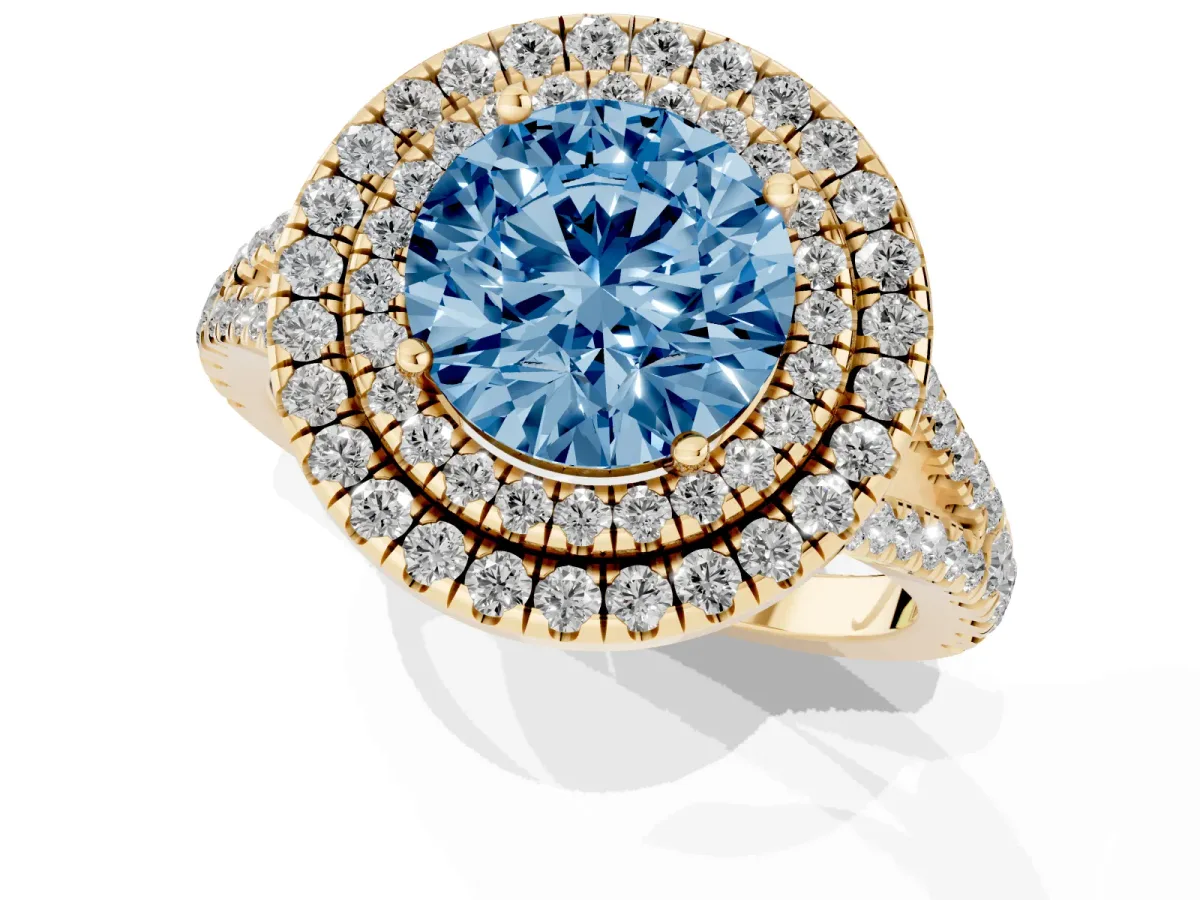 Fancy Blue Round Cut Diamond Double Halo Ring with Pavé Band and Prong Setting Yellow gold