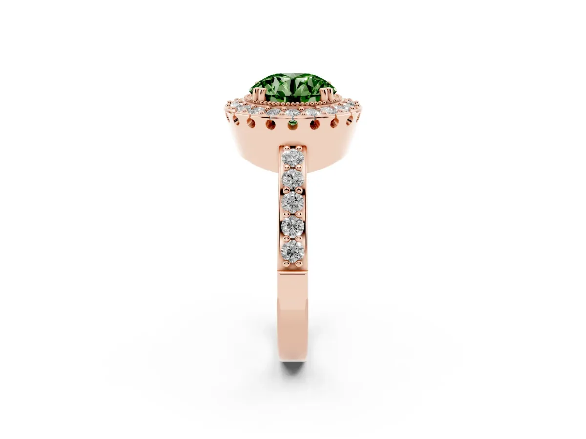 Fancy Green Round Cut Diamond Halo Ring with Pavé Band and Prong Setting Rose gold
