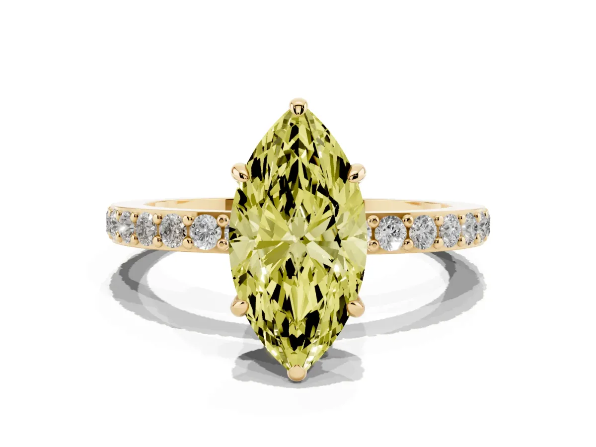 Fancy Yellow Marquise Cut Diamond Pavé Engagement Ring with Round Accents and Prong Setting Yellow gold