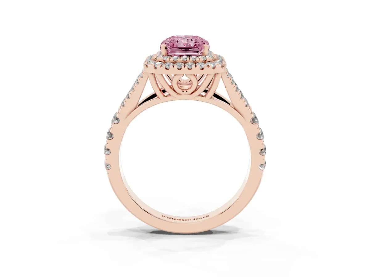 Fancy Pink Radiant Cut Cut Double Halo Split Shank Diamond Ring with Prong Setting Rose gold