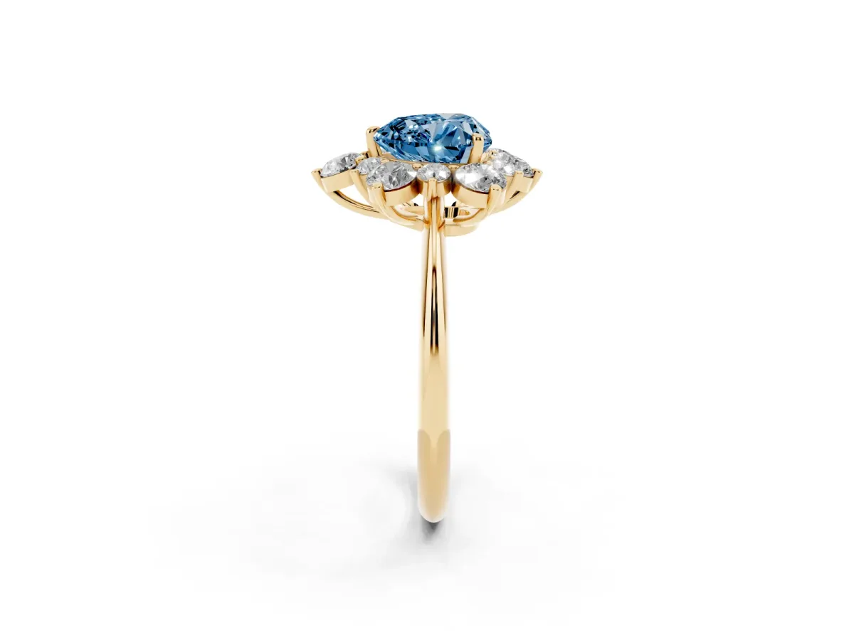 Fancy Blue Heart Cut Diamond Cluster Halo Ring with Solitaire Band and Four-Prong Setting Yellow gold