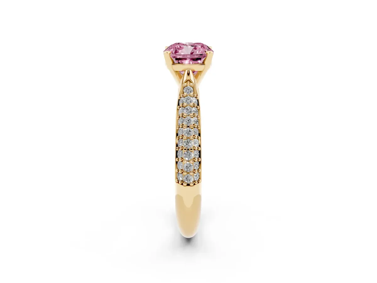 Fancy Pink Cushion Cut Diamond Solitaire Engagement Ring with Multi-Row Round Pavé Band and Prong Setting Yellow gold