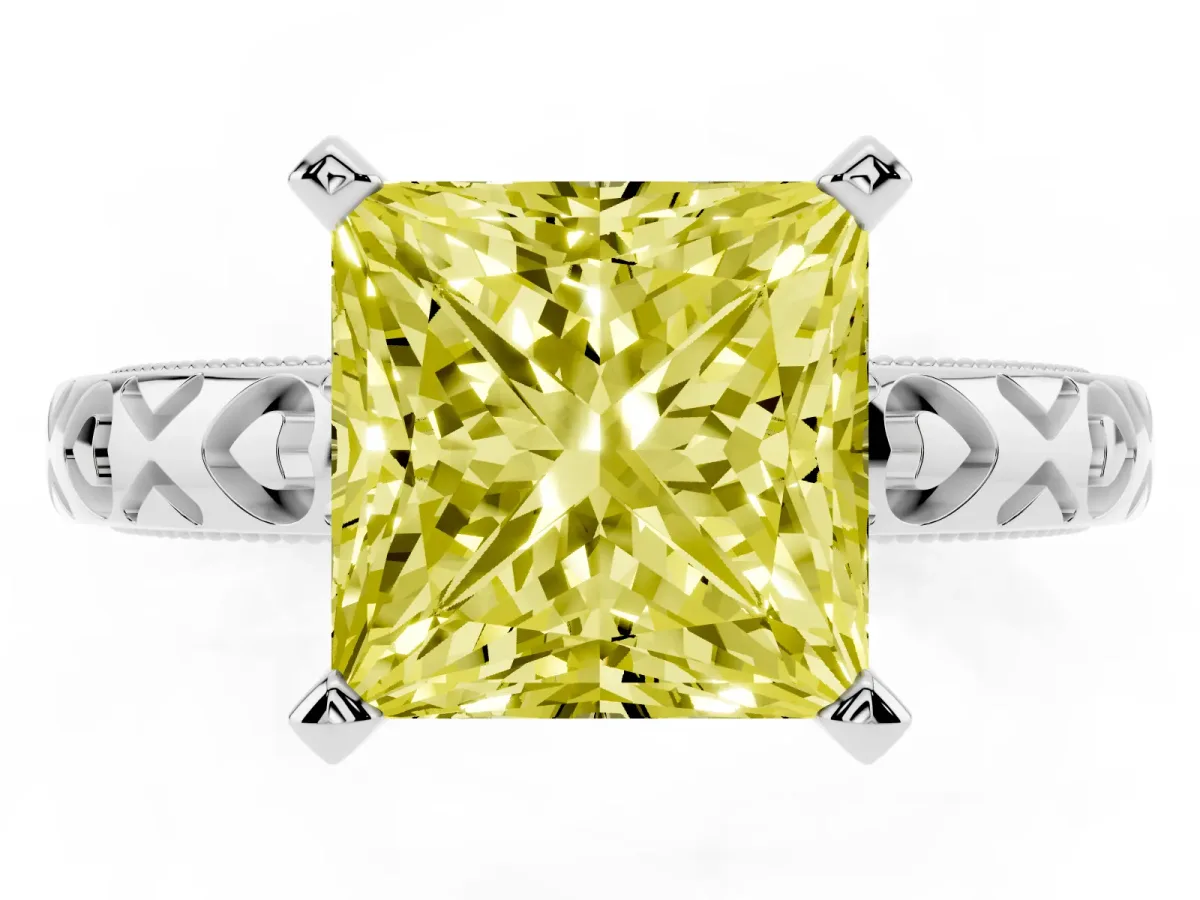 Fancy Yellow Princess Cut Solitaire Diamond Engagement Ring with XO Engraved Band and Four-Prong Setting Silver